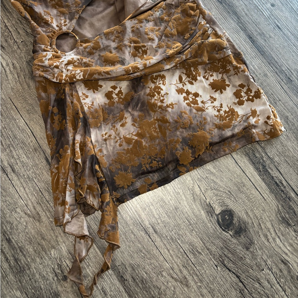Y2k Style Windsor Brown Floral Burnout Pattern Cowl Halter Top Cutout Mini Dress - Picture 4 of 16